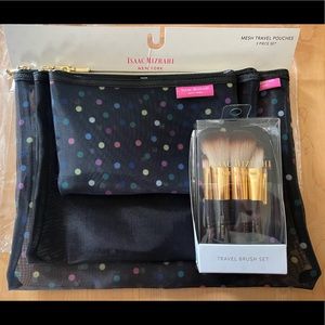 Isaac Mizrahi - Mesh Travel Pouches S/3 and Travel Make-up Brush S/5 with Case